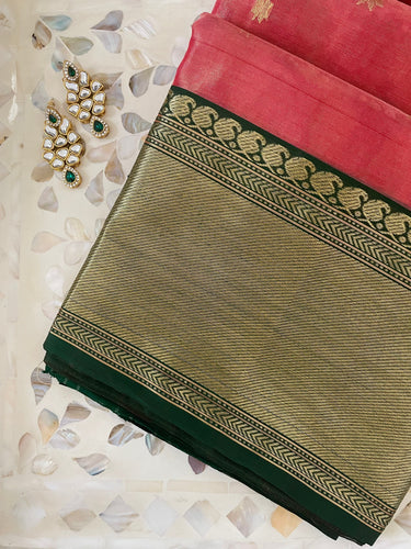 Chanderi Tissue Silk saree | Light Brick Red & Pink (Cross Shade) | Handwoven | Ships from California